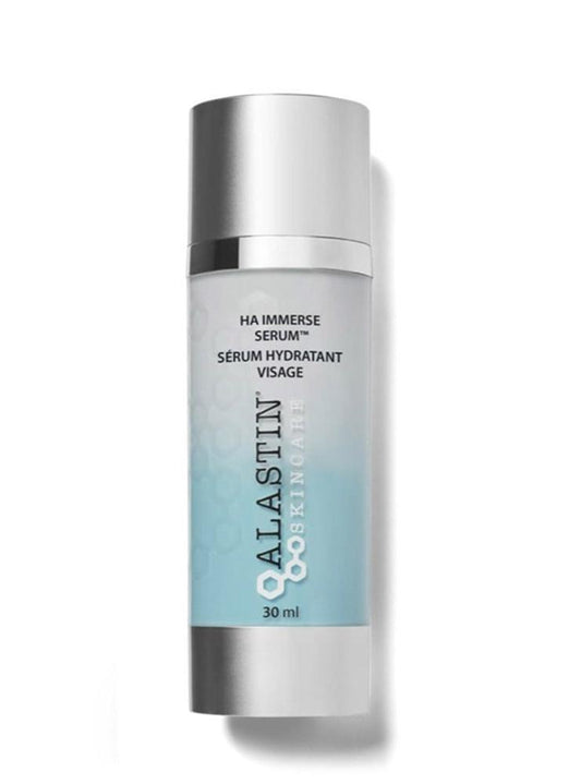 A bottle of Alastin HA Immerse Serum with a label indicating it is a skin serum hydrolysate, 30 ml in size, and designed to hydrate and plump the skin.
